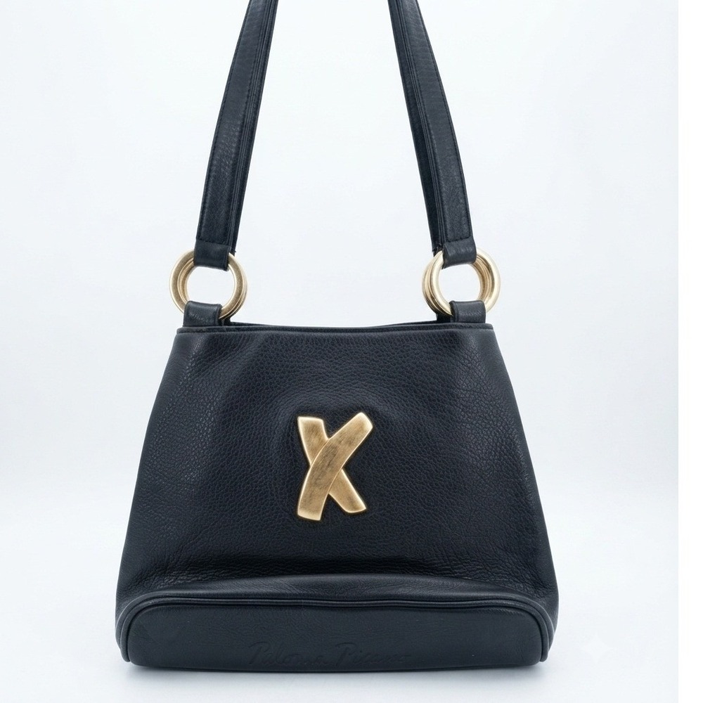 Paloma Picasso Vintage Black Leather Shoulder Bag Gold X Logo‎ Made in Italy